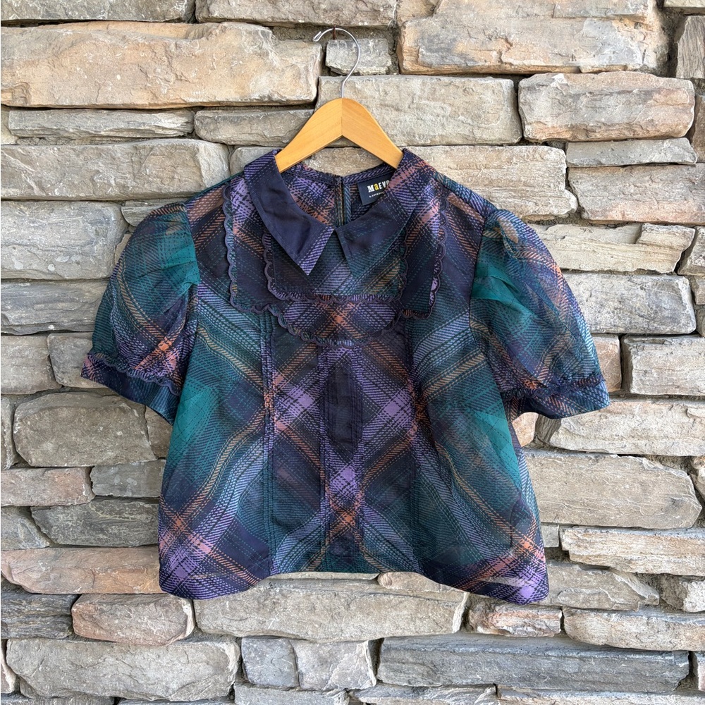 Anthropologie Maeve organza collared short sleeve top puff sleeve plaid
